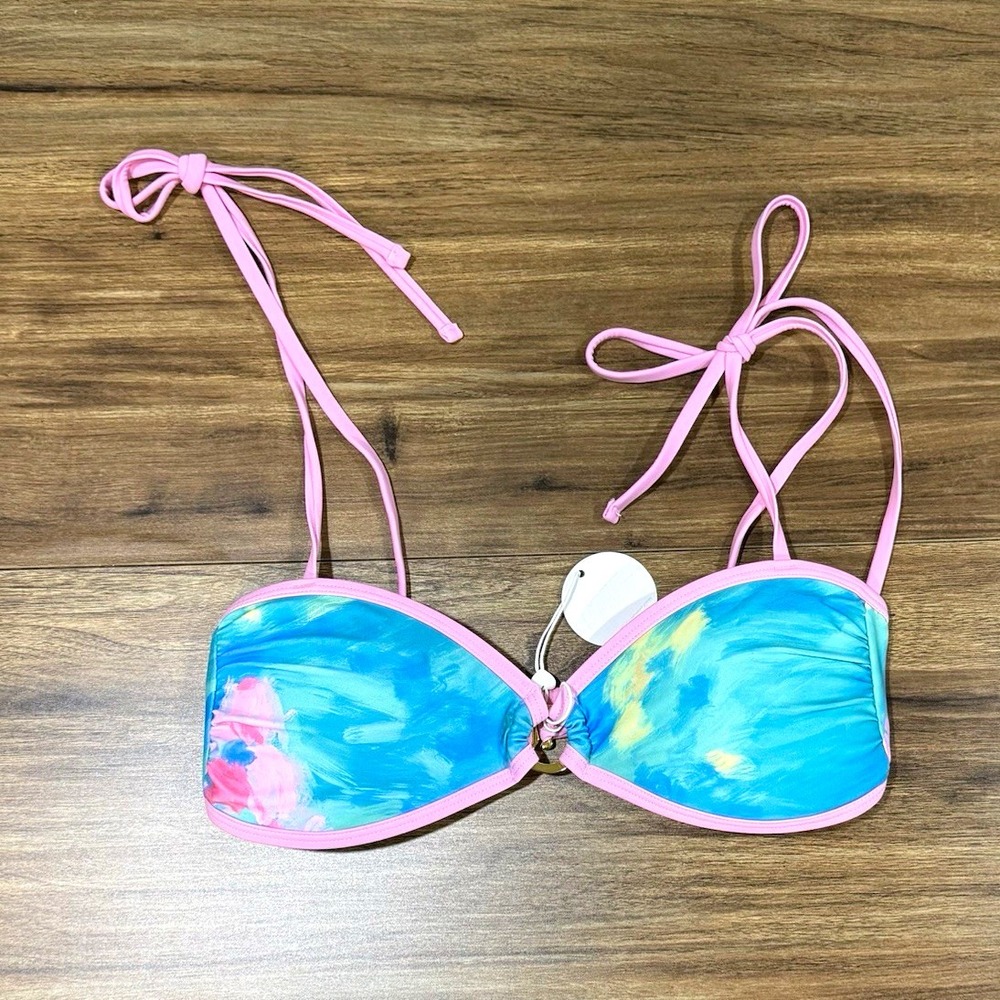 93 Play Street NWT Pink Blue Tie-Dye Gold Ring Bikini TOP Women's Size Medium